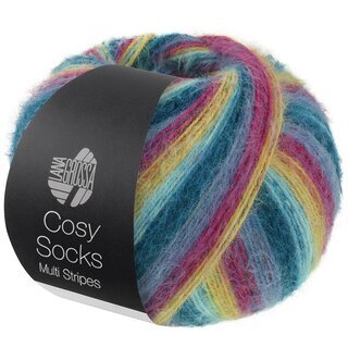 MEILENWEIT 100g Cosy Socks Multi Stripes 155-Dunkelpetrol/Hellt�rkis/Gelb/Orchidee/Grauviolett